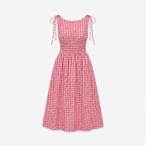 Gingham Check Tie-Strap Smocked Midi Dress