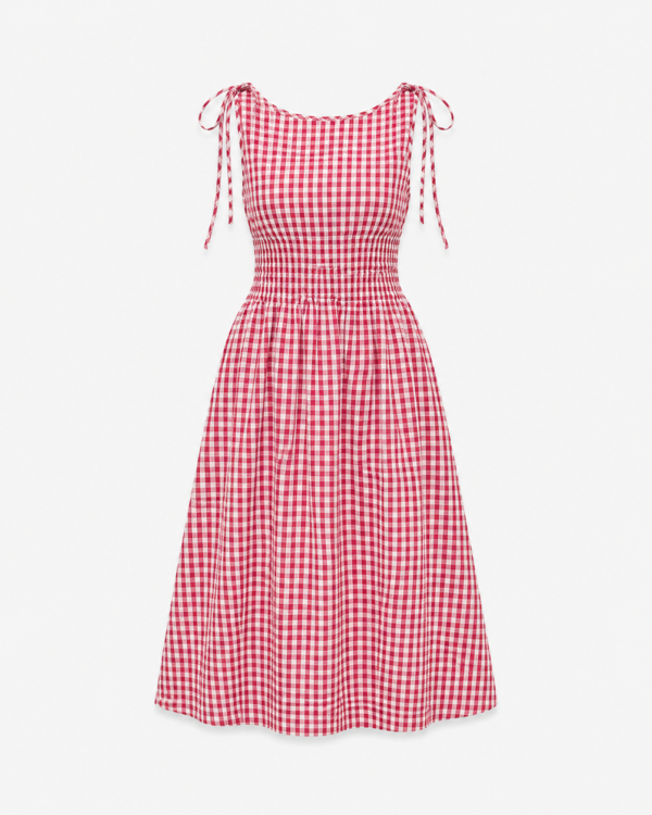 Gingham Check Tie-Strap Smocked Midi Dress